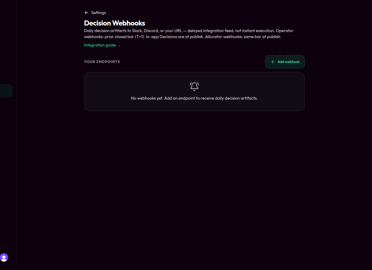 Decision Webhooks endpoints area (delivery log lives per endpoint)