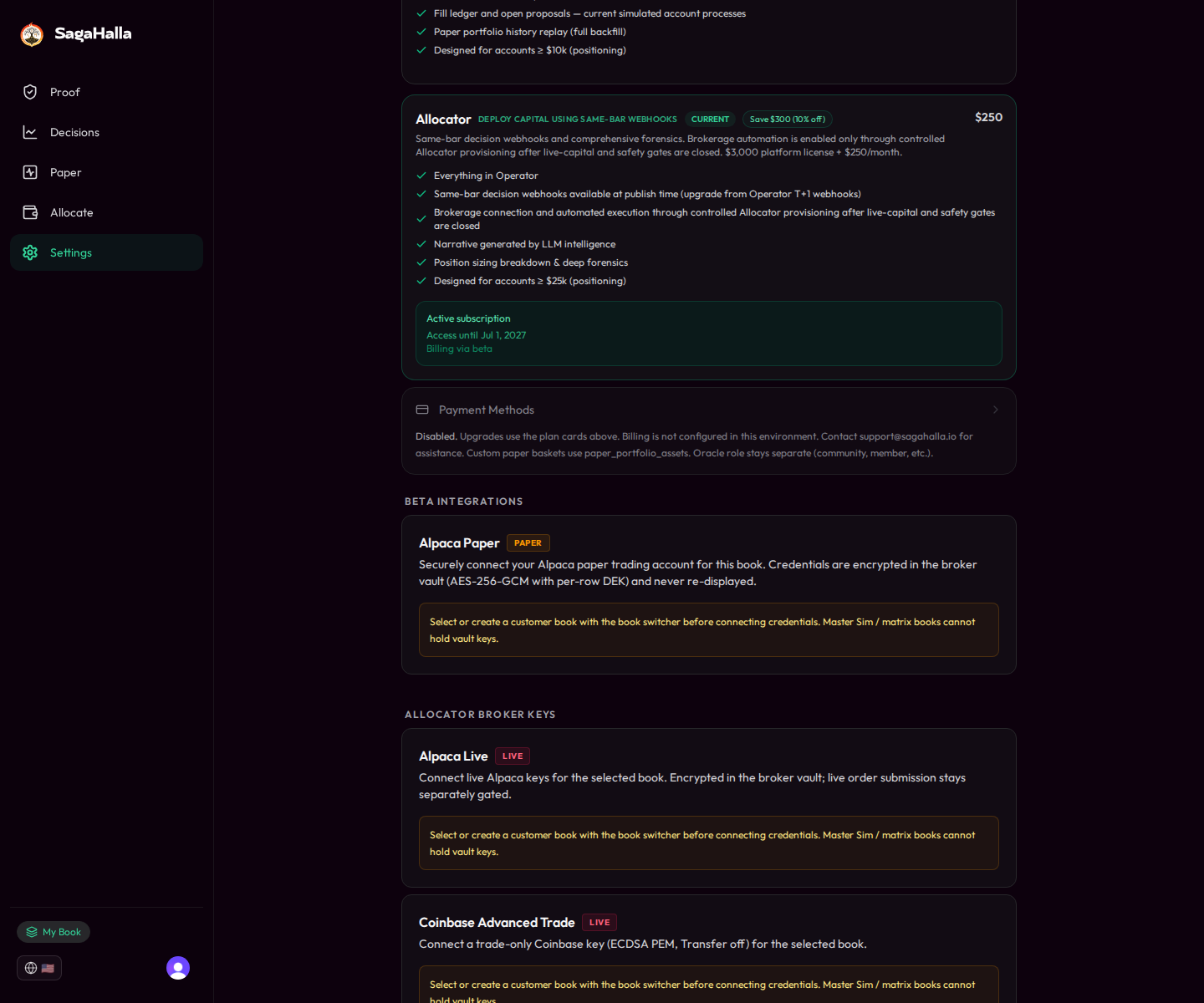 Settings → Beta Integrations paper broker path